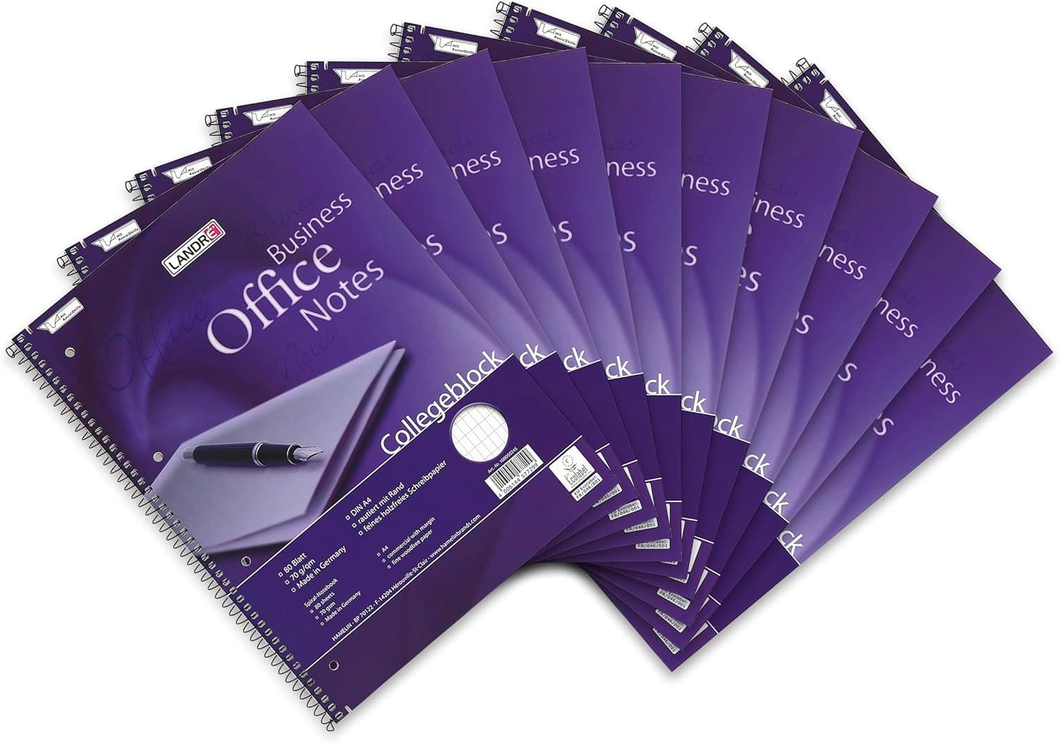 Landre 100050245 Collegeblock Office - livro A4, 80 folhas quadriculadas com margem, 70 g/qm, embalagem de 10