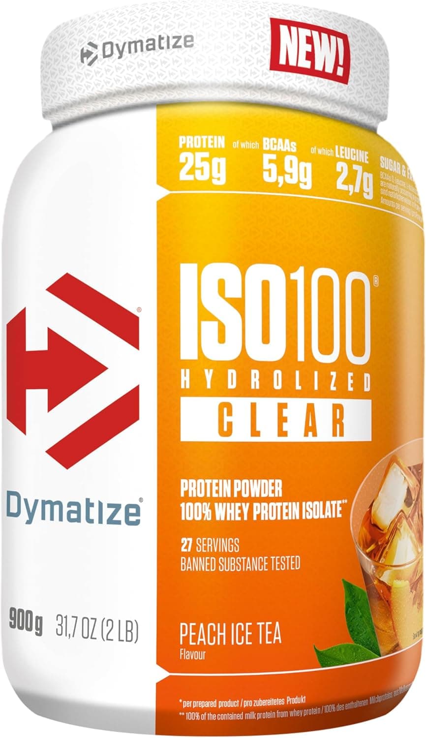 Dymatize ISO 100 Hydrolyzed Clear Peach Ice Tea 900 g Hidrolizado de proteína de soro transparente isolado em pó