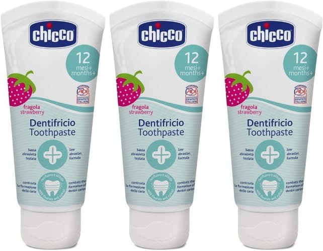 Chicco Pasta de dentes de morango sensível de baixa abrasão com fluor, Xilitol, sem conservantes, ajuda a prevenir cáries e remover placa - para crianças + 1 ano, 50 ml (embalagem de 1)