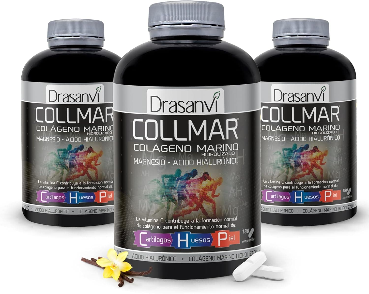 Drasanvi COLLMAR Colágeno marinho hidrolizado com ácido hialurónico, magnésio, vitamina C natural, para cartilagens, ossos e pele, alta dose 3,900 mg/dia, 3 x 180 comp = 90 dias, sabor baunilha