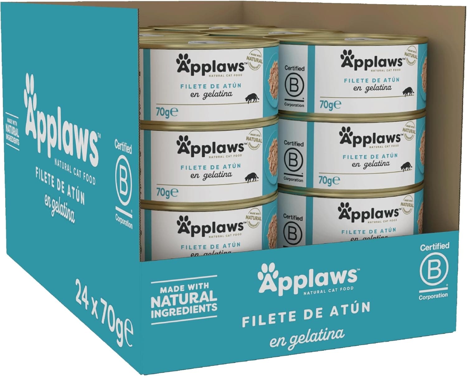 Applaws Ração húmida natural para gatos, filete de atum em gelatina, lata de 70 g x 24