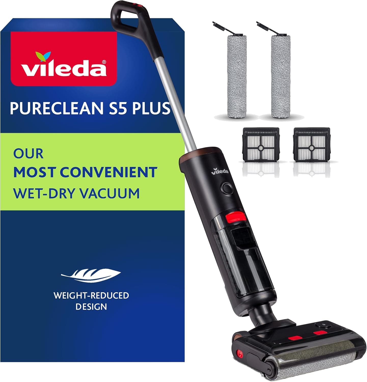 Vileda PureClean S5 Aspirador a seco e húmido inteligente e sem fios, leve para um manuseamento simples, com depósito duplo para uma separação entre água limpa e suja, Função de autolimpeza