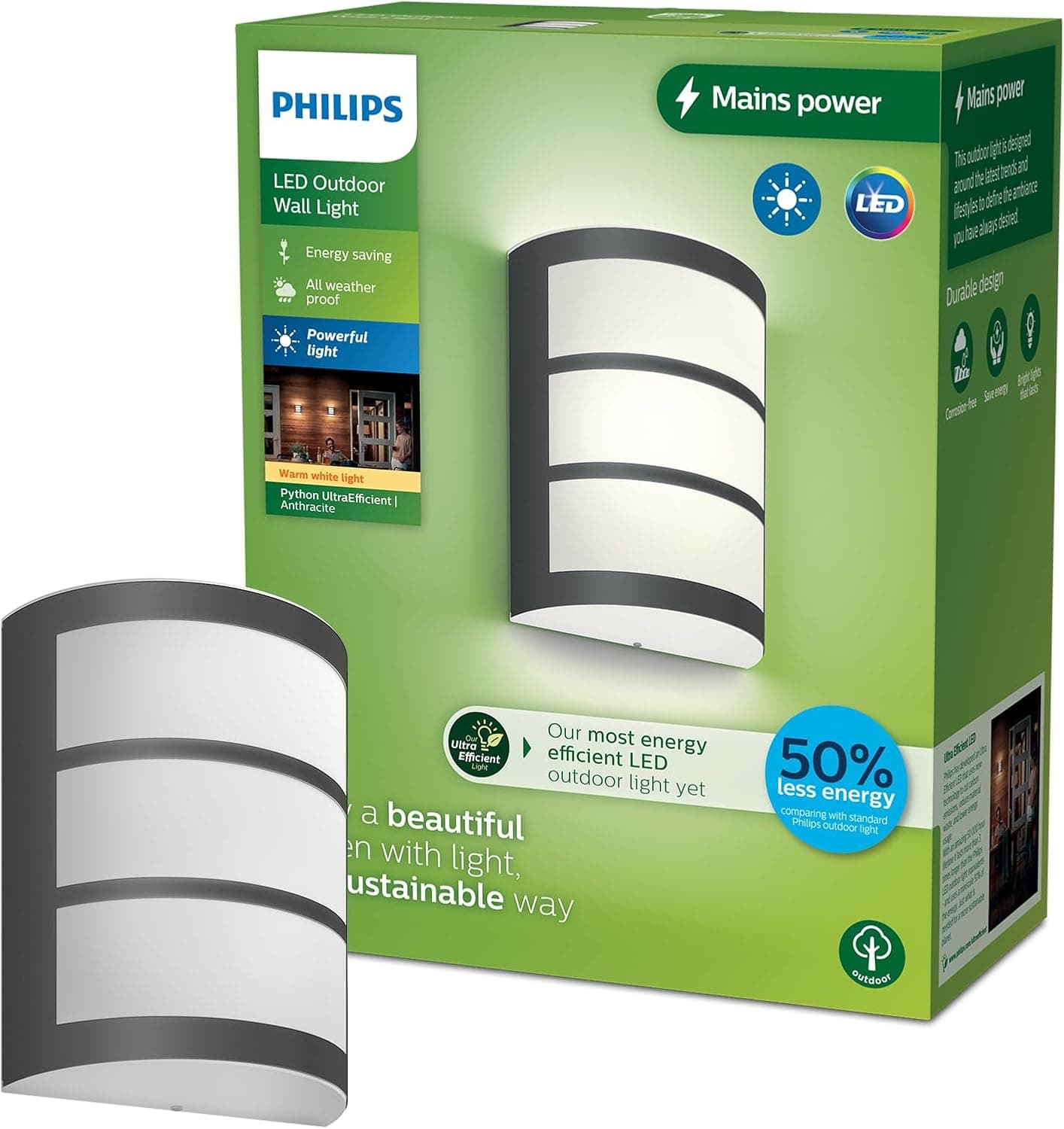 Philips Lighting - aplique parede exterior ultra-eficiente Python, 3,8 W, 2700 K, antracite, resistente às intempéries IP44