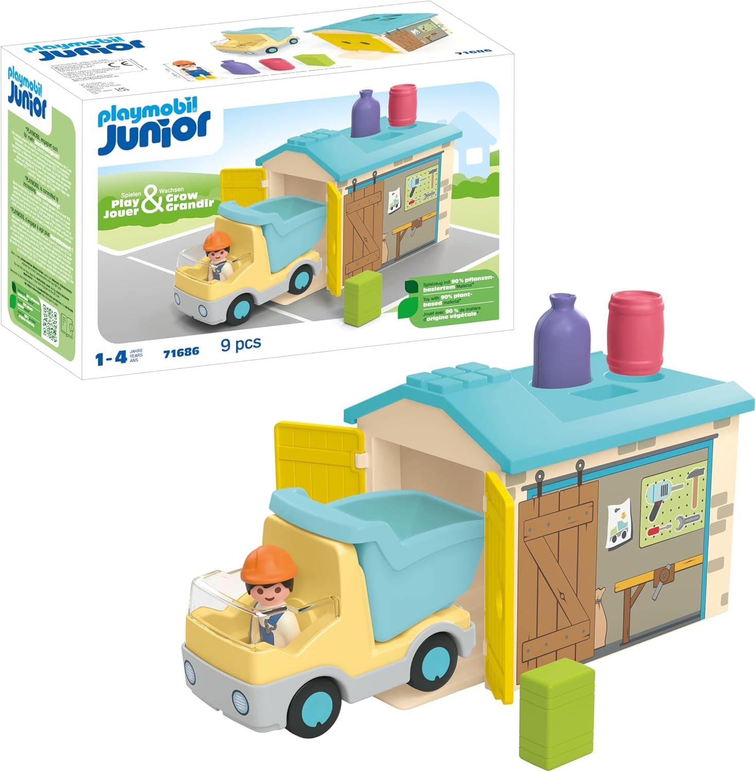 PLAYMOBIL Junior 71686 camião de obras com garagem, inclui caixa basculante móvel e garagem, brinquedo sustentável feito de plásticos à base de plantas, brinquedos para meninos e meninas a partir de 1