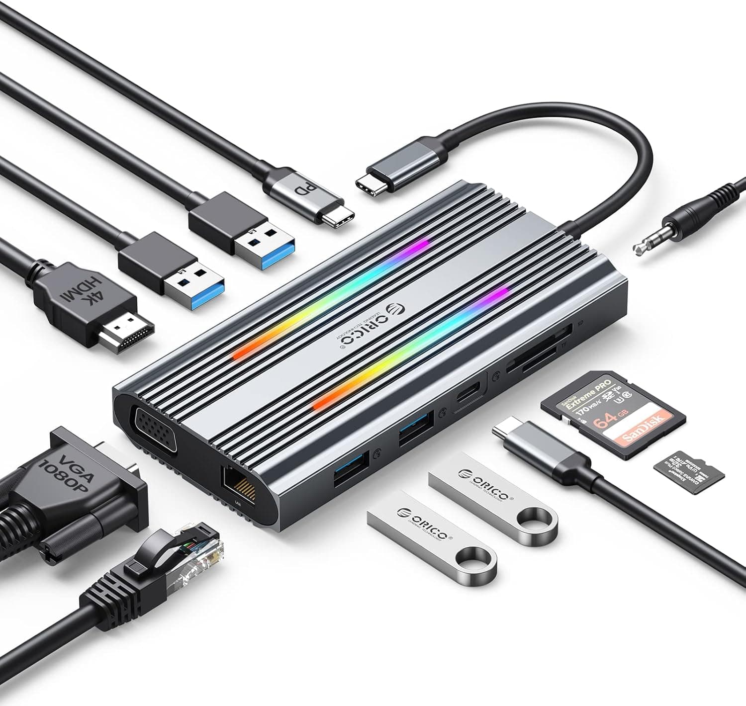 Docking Station, USB 3.0 Hub ORICO 12 em 1, 4K HDMI, PD 100 W, Ethernet de 1 Gbps, 4 USB 3.0, SD/TF, VGA, áudio de 3,5 mm, 14 modos de iluminação RGB, adaptador USB C compatível com Windows