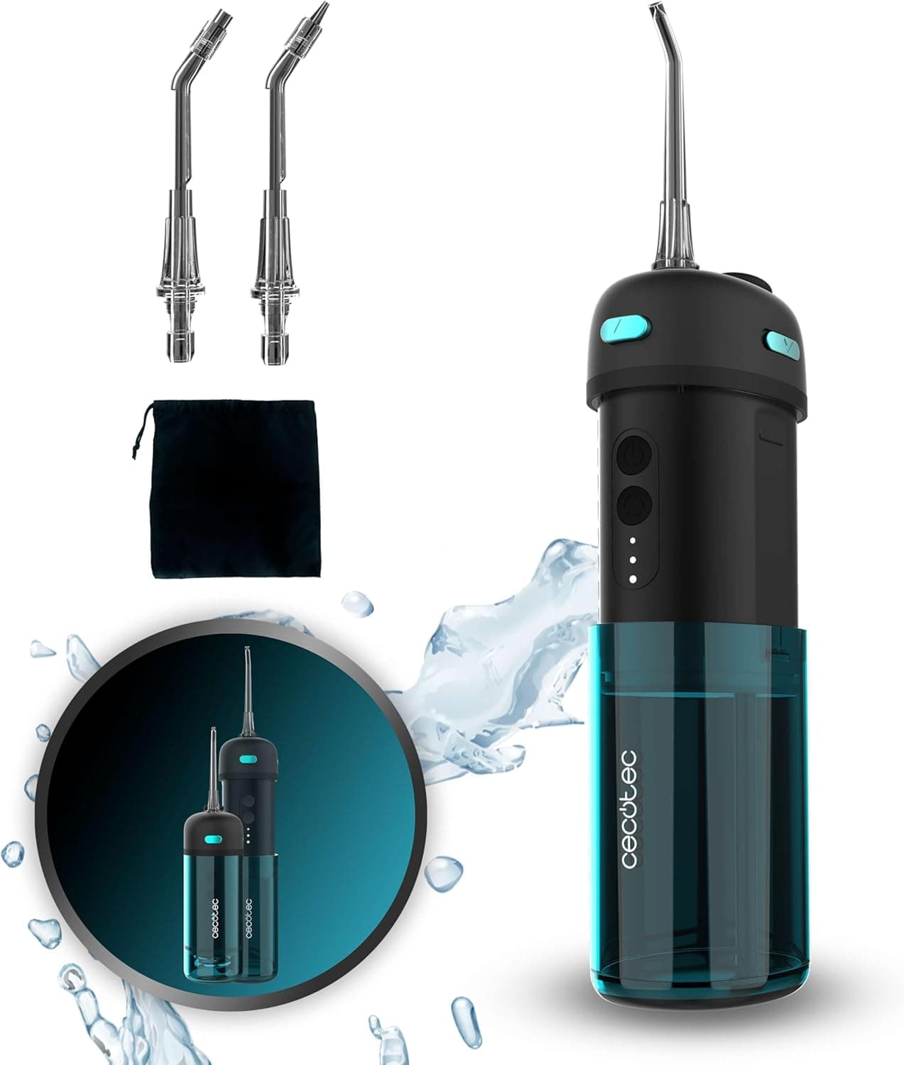 Cecotec Irrigador dentário portátil Toothcare Jet Splash. Irrigador compacto e leve de viagem com 3 modos e até 8 intensidades, capacidade de 150 ml e 2 boquilhas intercambiáveis, IPX7, impermeável