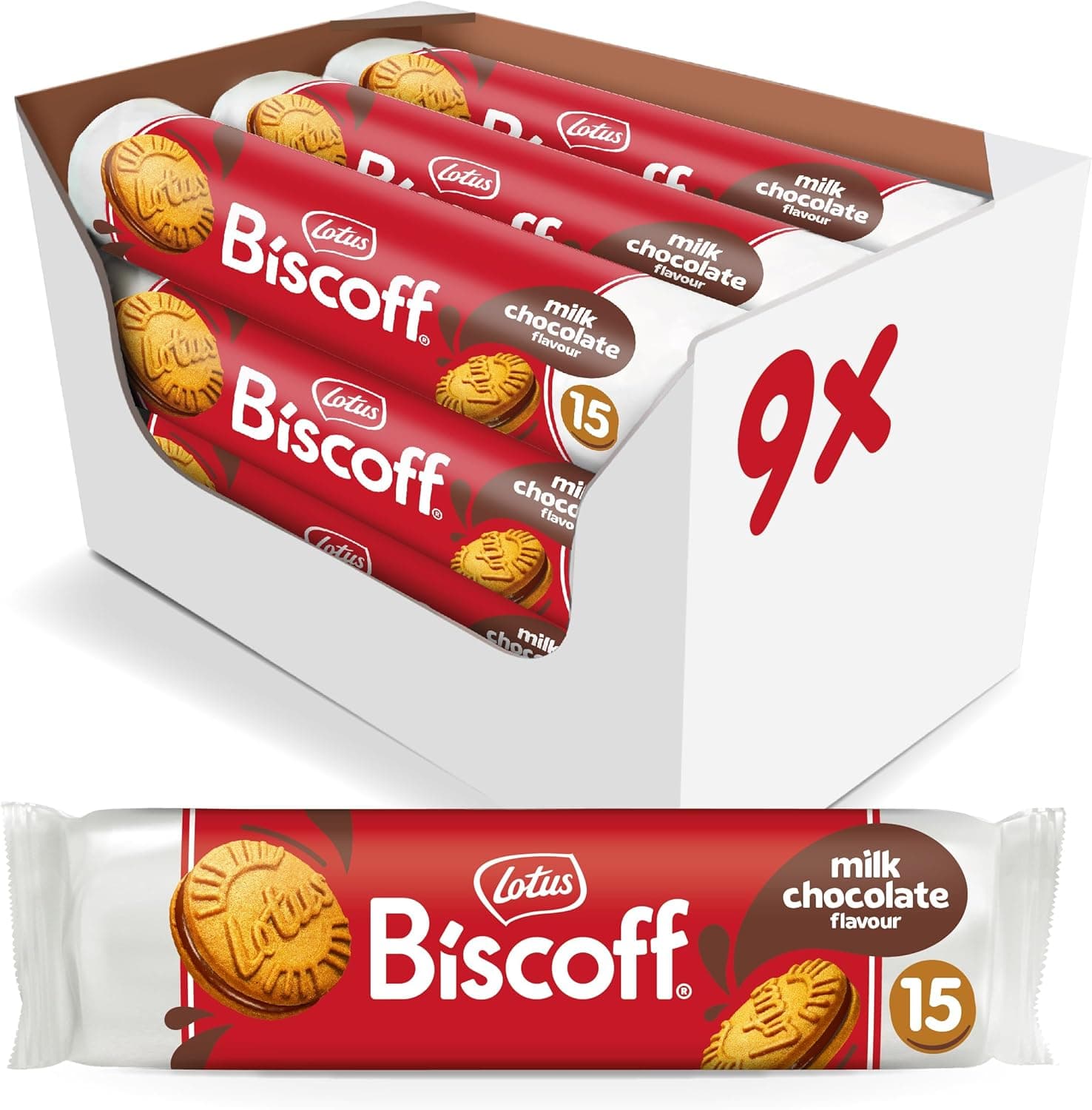 Lotus Biscoff | Bolachas com Recheio de Chocolate Belga | Sem Corantes nem Conservantes | 15 Bolachas por Pacote | 9 x 150g (1,35kg)