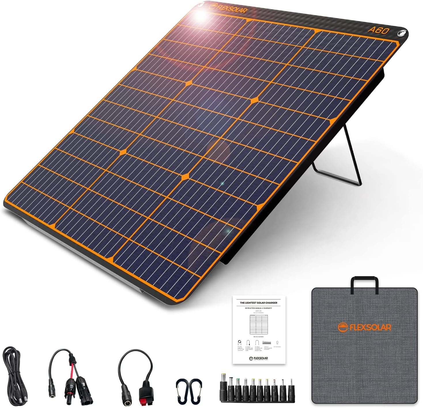 FlexSolar Carregador solar portátil de 60 W, painel solar com saída USB-C 45 W, QC 3.0 e CC, IP67, resistente à água e ao pó, painel solar monocristalino ETFE para exteriores, campismo, telemóveis