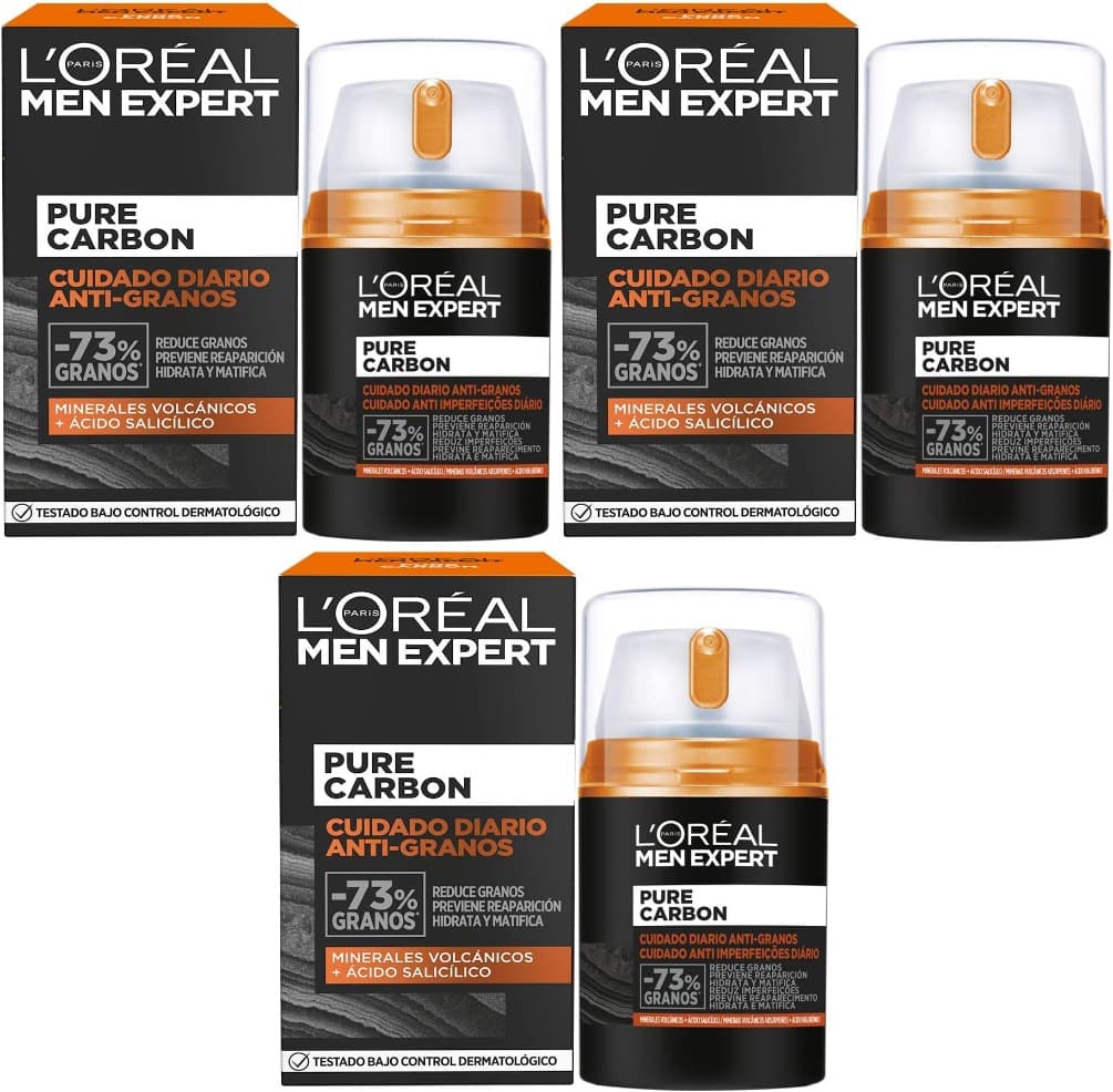 L'Oréal Paris Men Expert Creme cuidado diário anti-grãos puro carbono, reduz imperfeições, hidrata e mata o rosto, com minerais vulcânicos e ácido salicílico, 50 ml