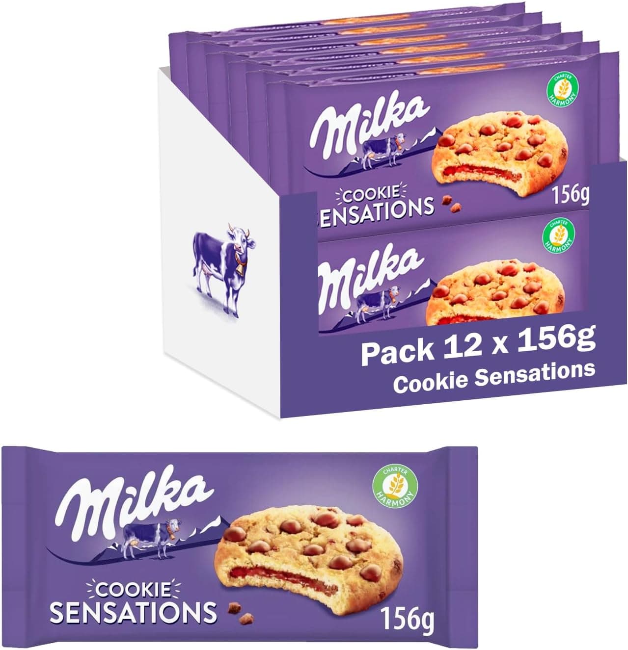 Milka Sensations bolachas bolachas com pepitas de chocolate com leite e enchimento de chocolate com leite dos Alpes, 156 g, pack de 12