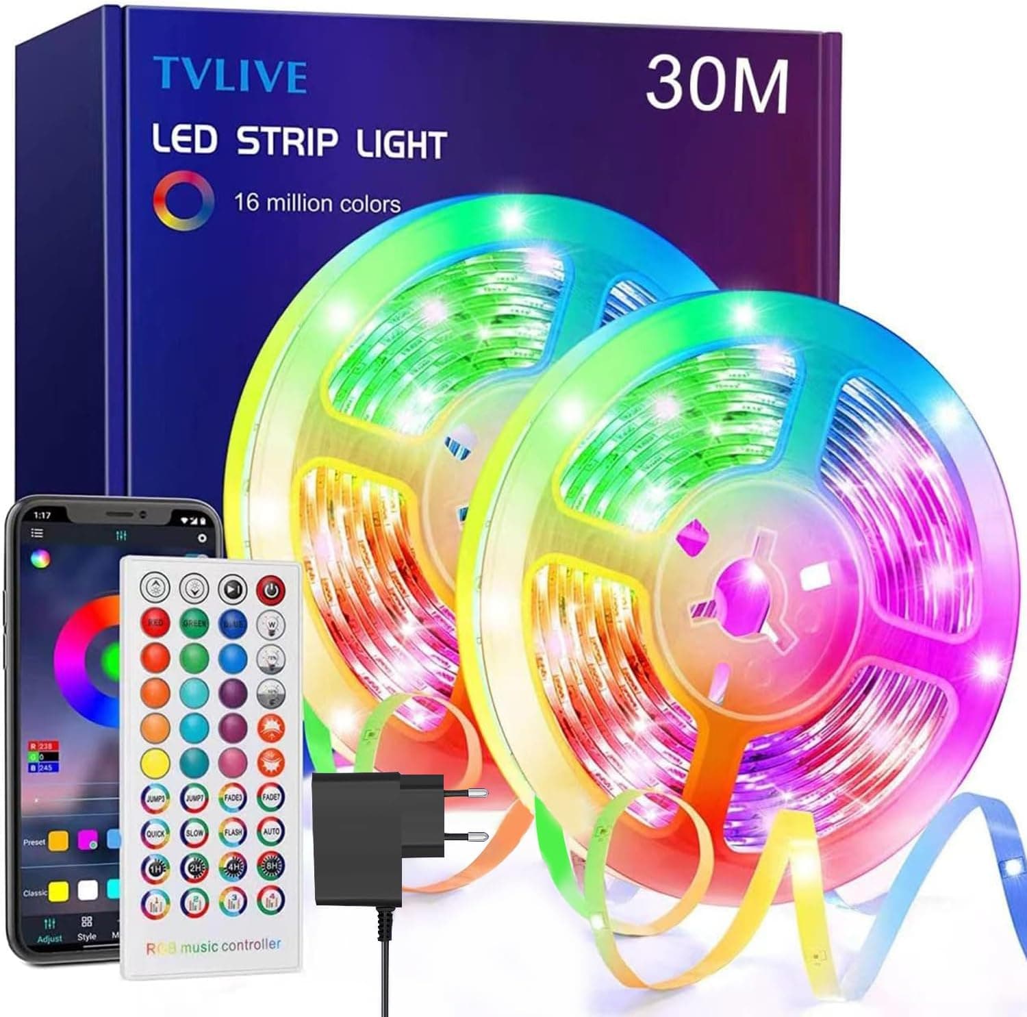 TVLIVE Tira luzes LED quarto 30 m, controladas por APP e IR controlo 40 teclas, modo musical e temporizador, rgb para festa casa TV bar 