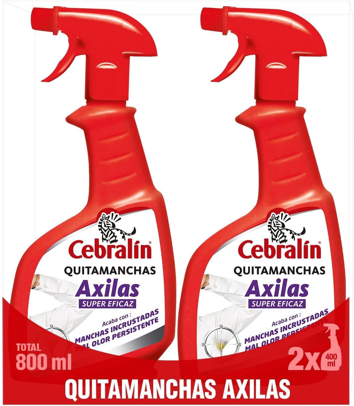 Cebralín - Removedor de manchas Axilas, elimina manchas amarelas e cercas em Axilas, remove o mau cheiro persistente, sem lixívia, embalagem de 2 x 400 ml = 800 ml