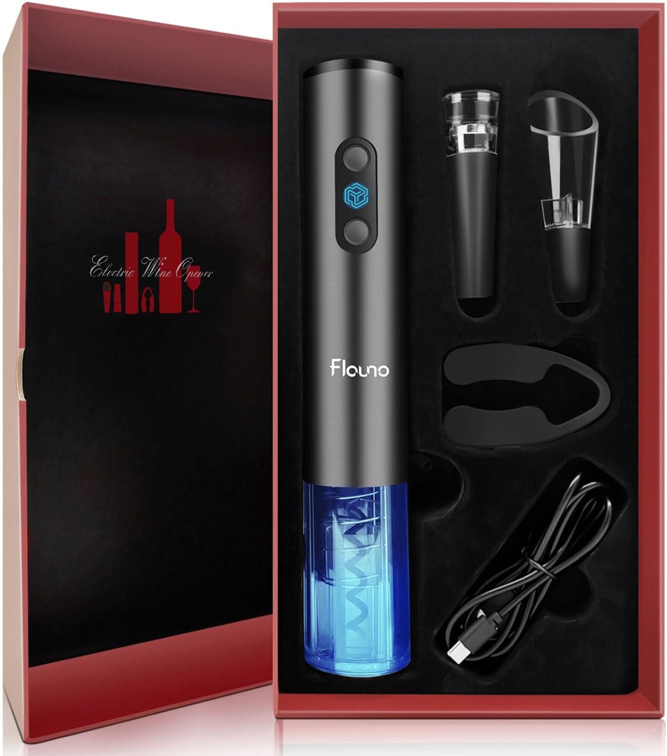 Flauno Saca-rolhas elétrico recarregável 6 em 1, abridor de vinho elétrico conjunto com abre-garrafas elétrico automático com cápsulas curtas, caixilho de vinho, cabo USB, caixa de presente