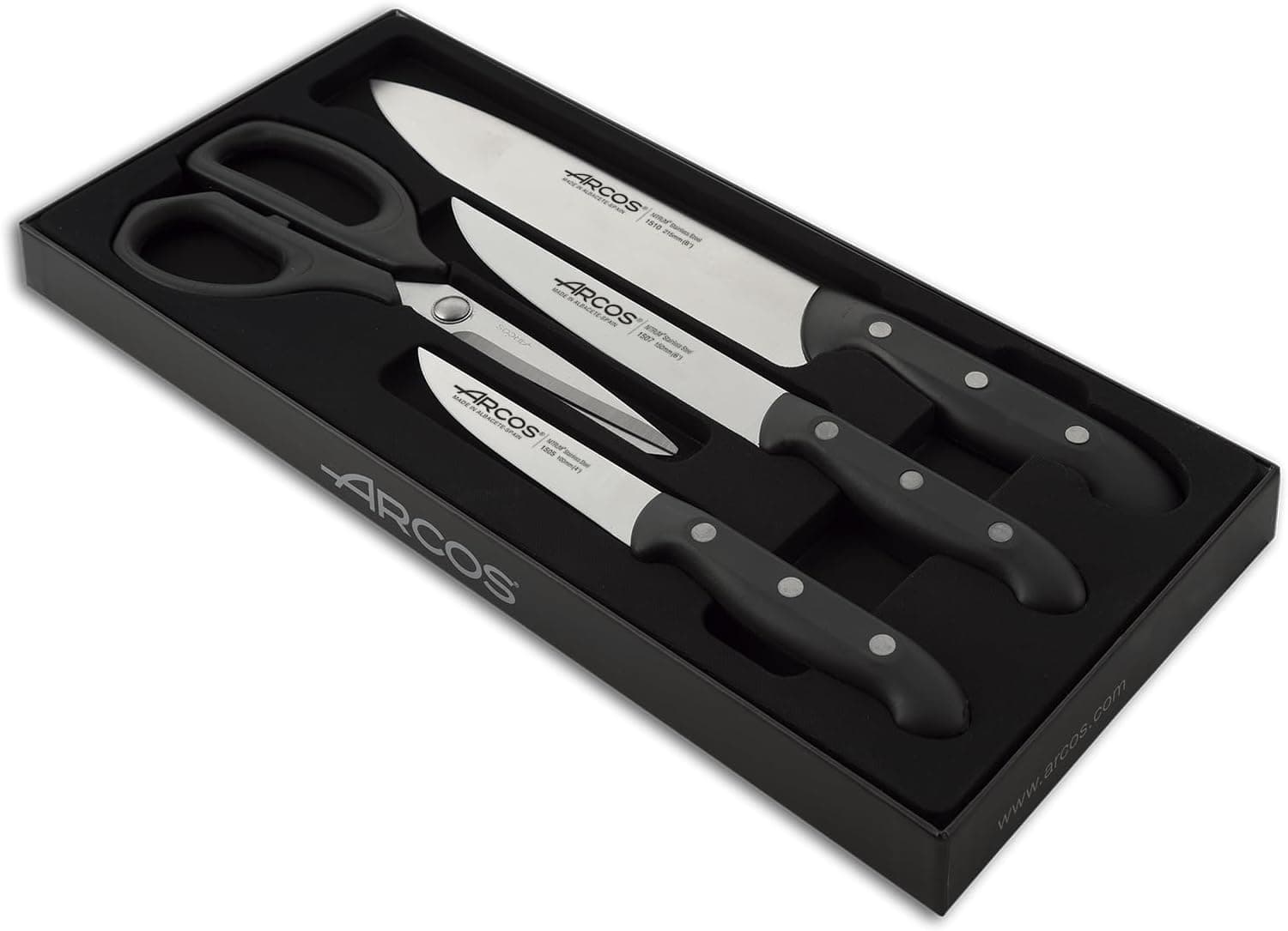 Arcos Maitre Conjunto de cozinha com 3 facas e tesoura (4 peças), lâmina de aço inoxidável NITRUM, cabo de polipropileno, preto