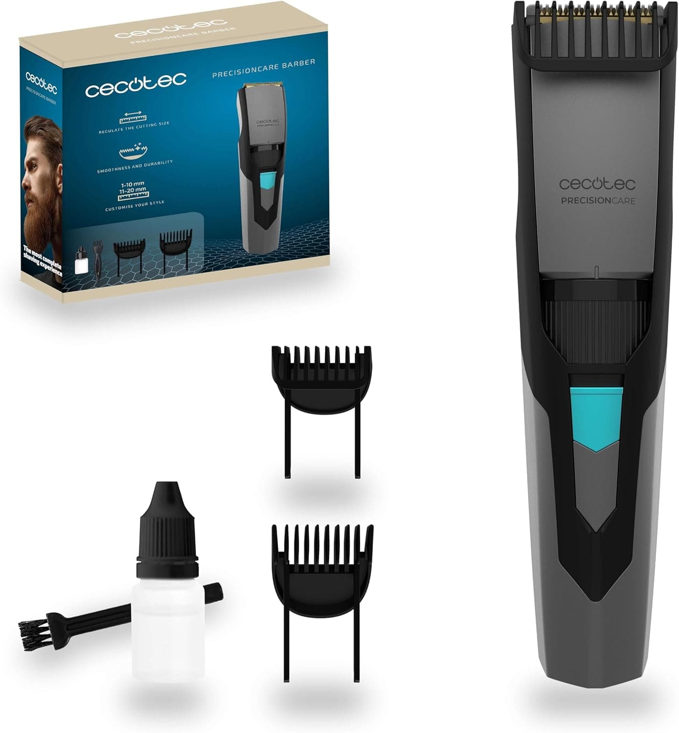Cecotec PrecisionCare Barber | Máquina de cortar barba sem fios com lâminas em inox e pentes de 1 a 20 mm