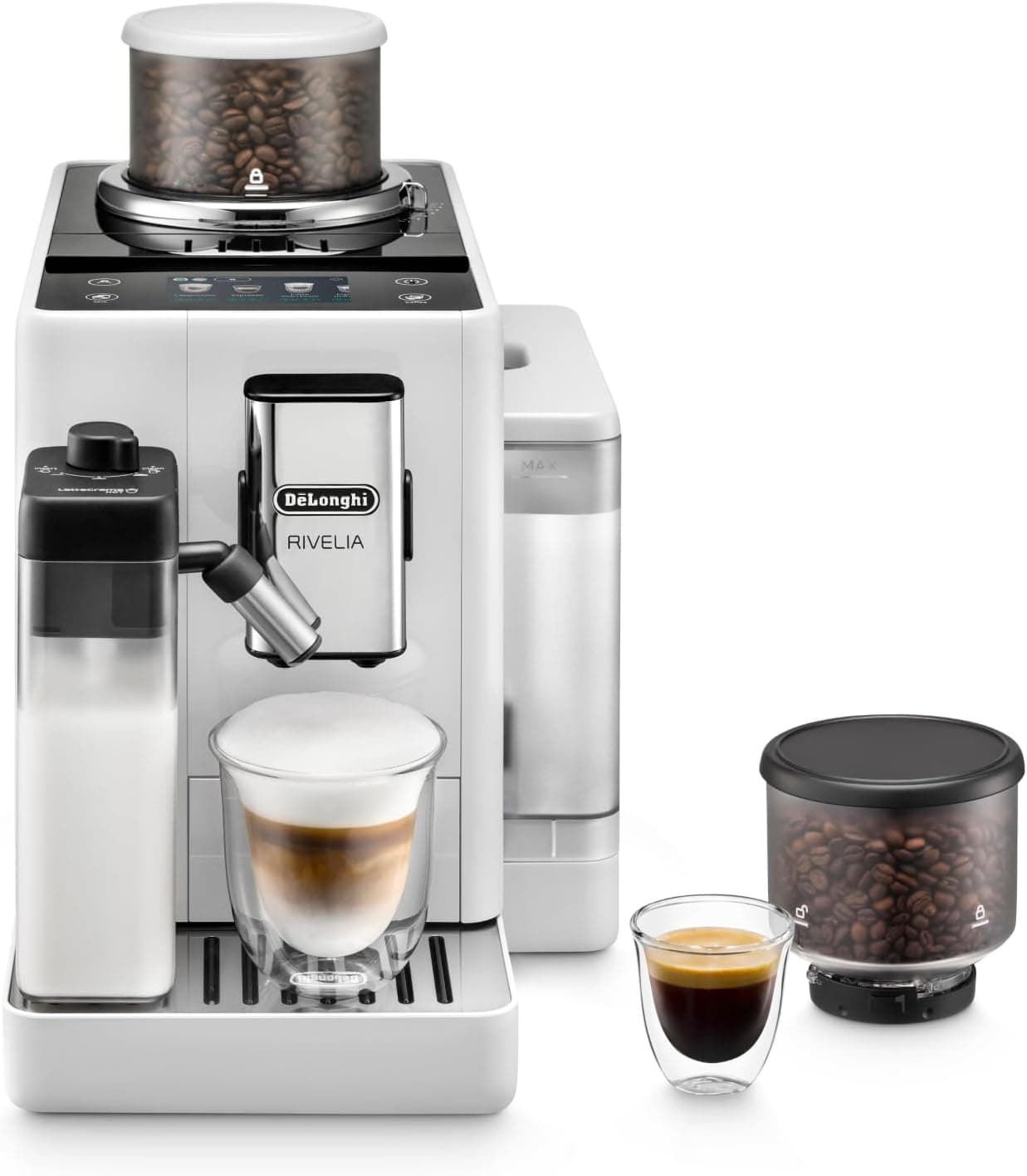 De'Longhi Rivelia EXAM440.55.W, Máquina de café super automática com LatteCreme Hot, espumador de leite automático, tamanho compacto, 16 receitas, ecrã táctil colorido, branco ártico