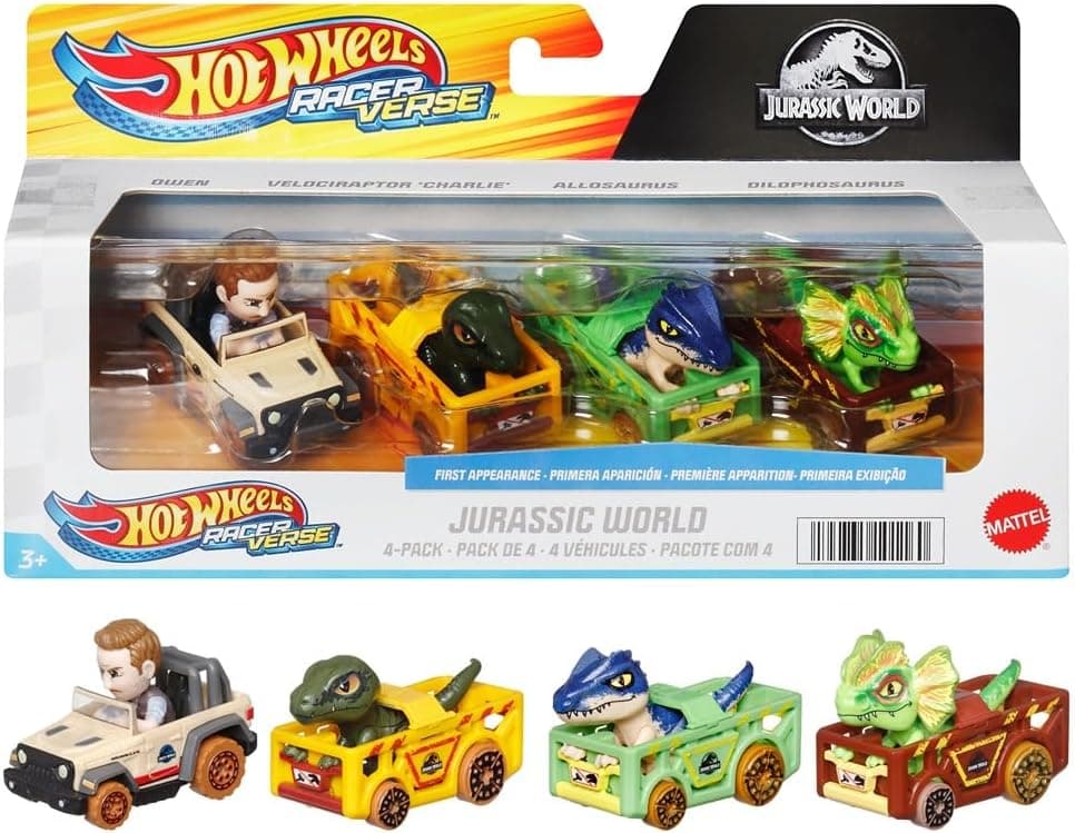 Hot Wheels Racerverse HKD32 | Pack de 4 carros de brincar Jurassic World com dinossauros para crianças a partir dos 3 anos