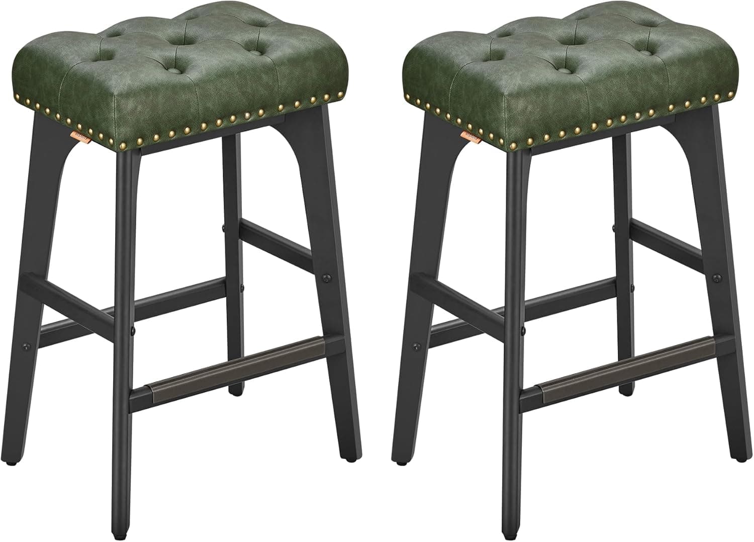 VASAGLE Bancos de bar, conj.2, superfície PU, botões acolchoados, rebordos cravejados, pernas de madeira, altura 66 cm, canto do bar, sala de jantar, montagem fácil, verde floresta LBC085C01