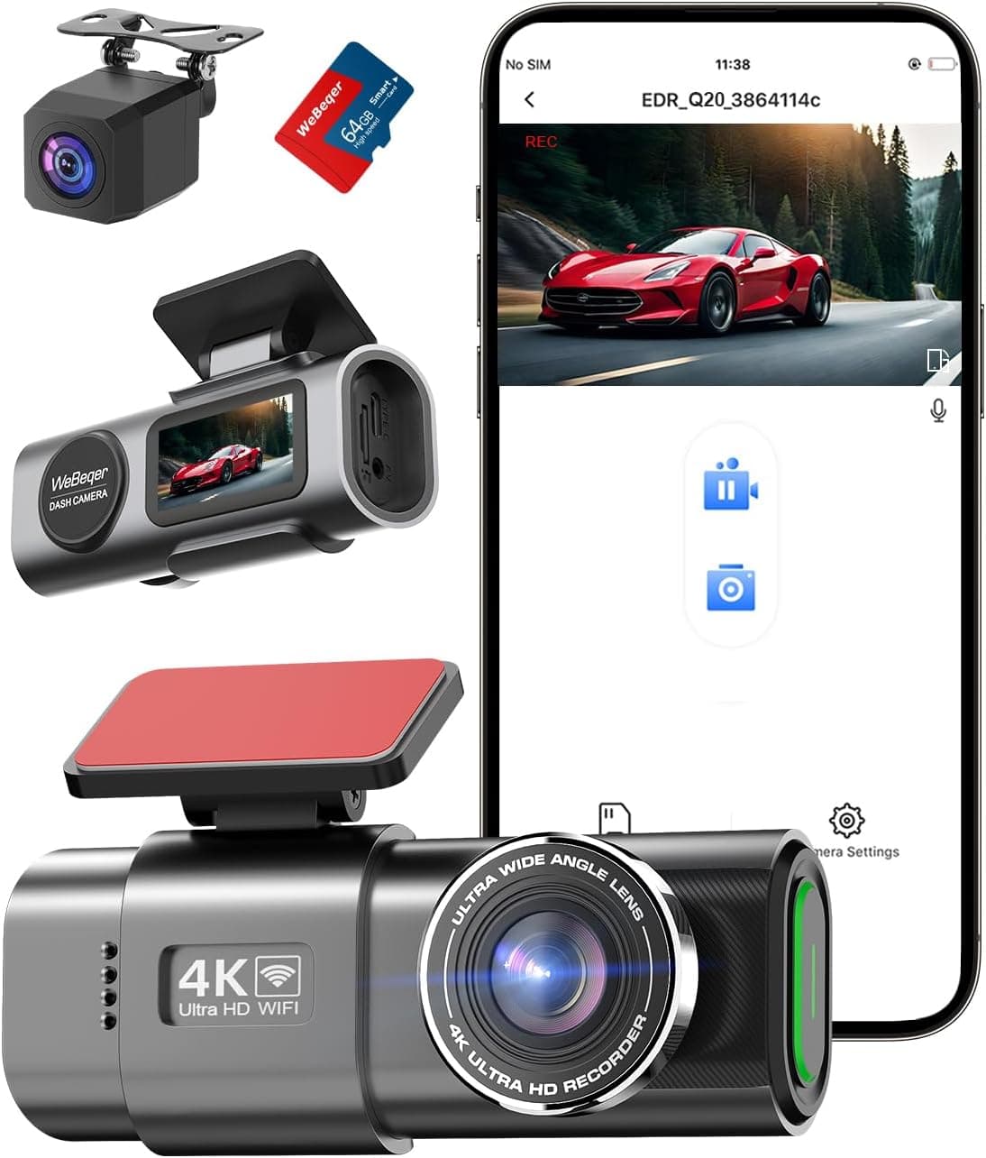 Câmara de carro frontal e traseira, 4 K + 1080P WiFi Dashcam com cartão 64G, controlo App, WDR, super visão noturna, 170° 140° ângulo largo, G-Sensor, monitor de estacionamento, gravação de Banco
