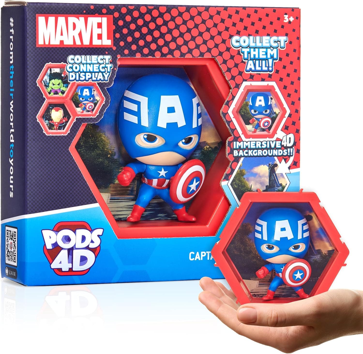 WOW! PODS - 4D Marvel Capitão América, figura colecionável única conectável que explode do seu mundo no seu, exibição de parede ou prateleira, brinquedos e presentes da Marvel, série 1 número 455