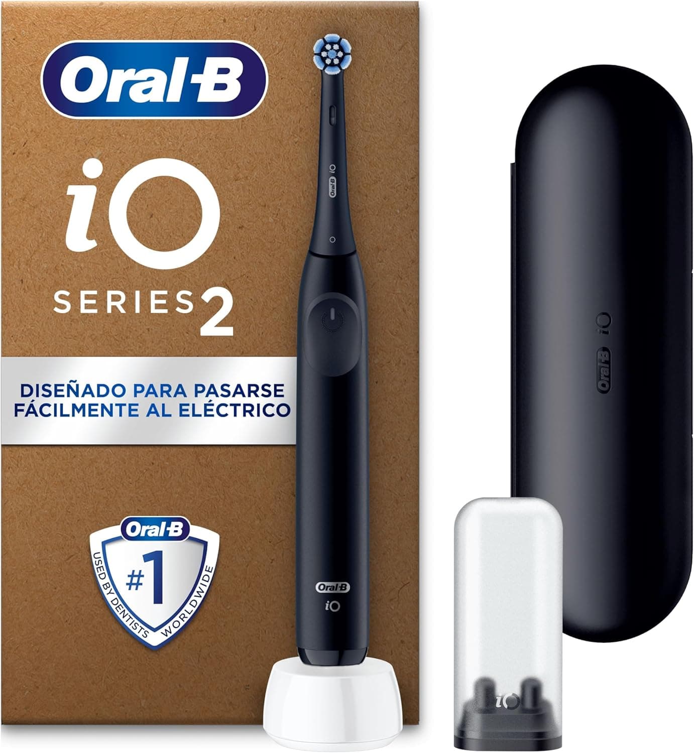 Oral-B iO 2 Escova de dentes elétrica preta noite, 1 cabeça, 1 estojo de viagem, 1 suporte de peças sobressalentes de viagem, 3 modos de escovagem, sensor de pressão e temporizador