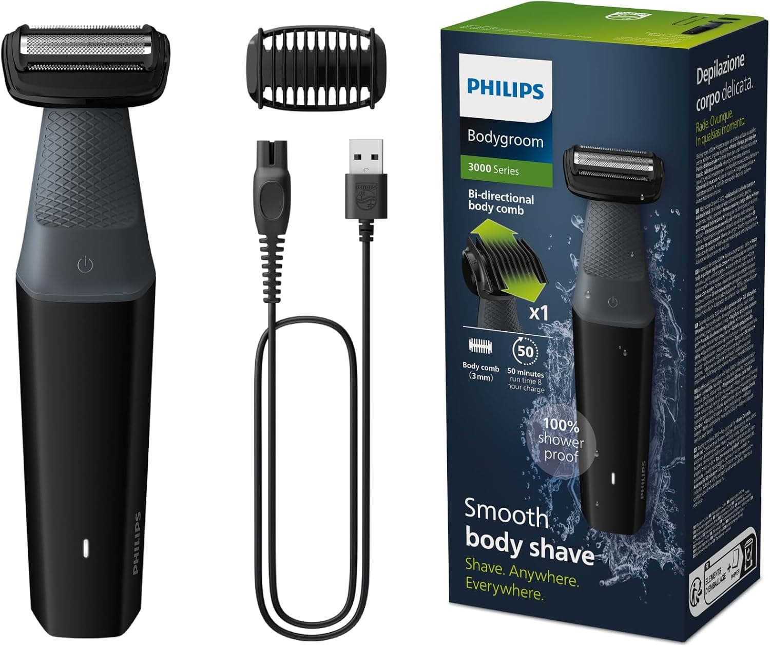 Philips BG3017/01 Máquina de barbear corporal masculina, Bodygroom série 3000, impermeável, com 1 pente-guia, 50 min de automonomia, cinzento / preto