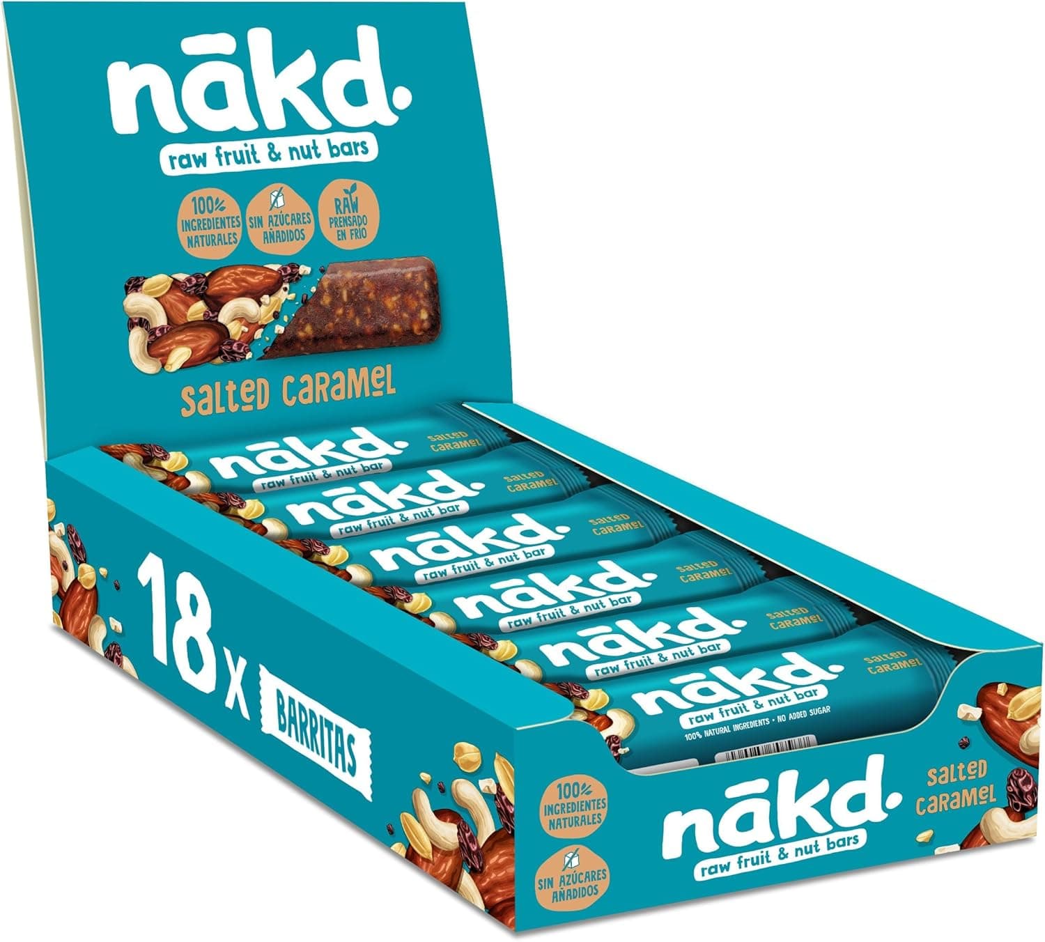 Nākd. Salted caramelo - barras Raw de frutas e frutos secos, 100% ingredientes naturais - sem açúcar adicionado, 18 x 35 g
