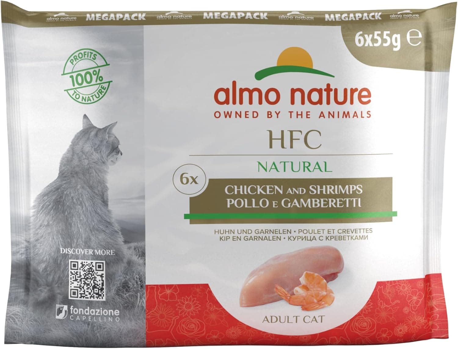 almo nature - Saco clássico para comida de gato, embalagem de frango e camarões, 8 x (6 x 55 g)