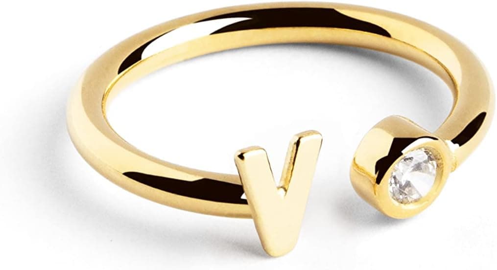 SINGULARU - Anel personalizado Letter Diamond ouro - anel ajustável - prata de lei 925 com acabamento em ouro de 18 Kt. - Tamanho único - jóias para mulher - Feito em Espanha