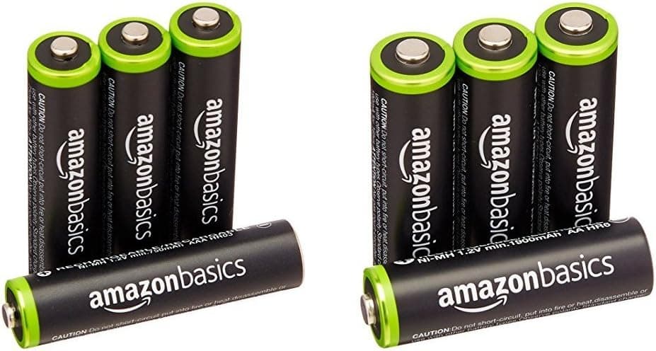 Amazon Basics - Conjunto de 4 pilhas recarregáveis AAA Ni-MH (pré-carregadas, 1000 ciclos, mínimo 750 mAh) conjunto de 4 pilhas recarregáveis AA Ni-MH (pré-carregadas, 1000 ciclos, 2000 mAh/mínimo
