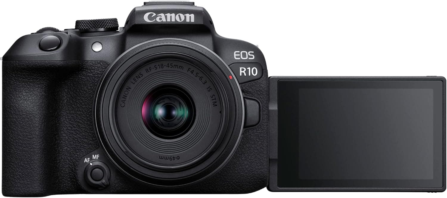 CANON EOS R10 Câmara Mirrorless lente RF-S 18-45 mm F4,5-6,3 IS STM, câmara móvel APS-C (24,2 MP) -4 EV, vídeo 4K 60 fps, duplo Pixel CMOS AF II, ecrã tátil L Ângulo V Ariável, preto