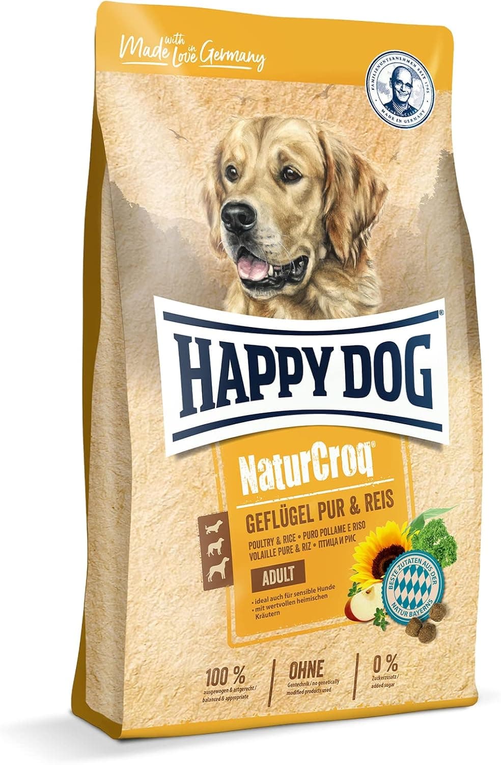 Happy Dog 60512 – NaturCroq Aves Pur & Arroz – Alimento seco com ervas para cães adultos, 4 kg