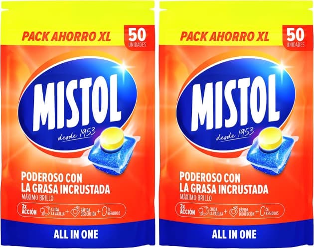 Mistol All In One - 50UDS Pastilhas de máquina de lavar louça, com potência desengordurante avançada, brilho intenso e eliminação rápida, proteção total e resíduos zero, limpeza eficaz e responsável