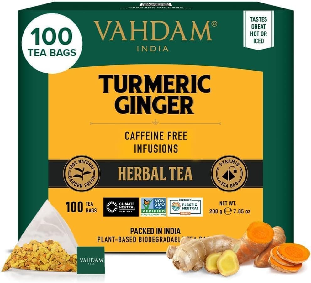 VAHDAM Turmeric Ginger | Infusão de cúrcuma e gengibre em 100 saquetas piramidais sem cafeína