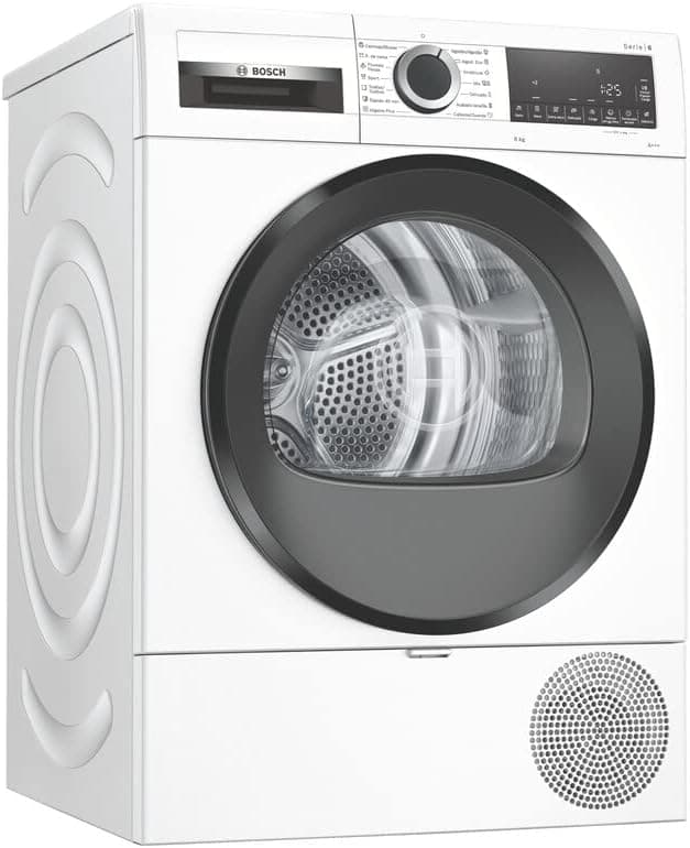 Bosch WQG233D0ES Secadora bomba de calor A+++, instalação gratuita, 60 cm, 8 kg, display LED, filtro fácil de limpar programa para roupa de cama, porta vidro, iluminação interior, branco/preto, 2020 