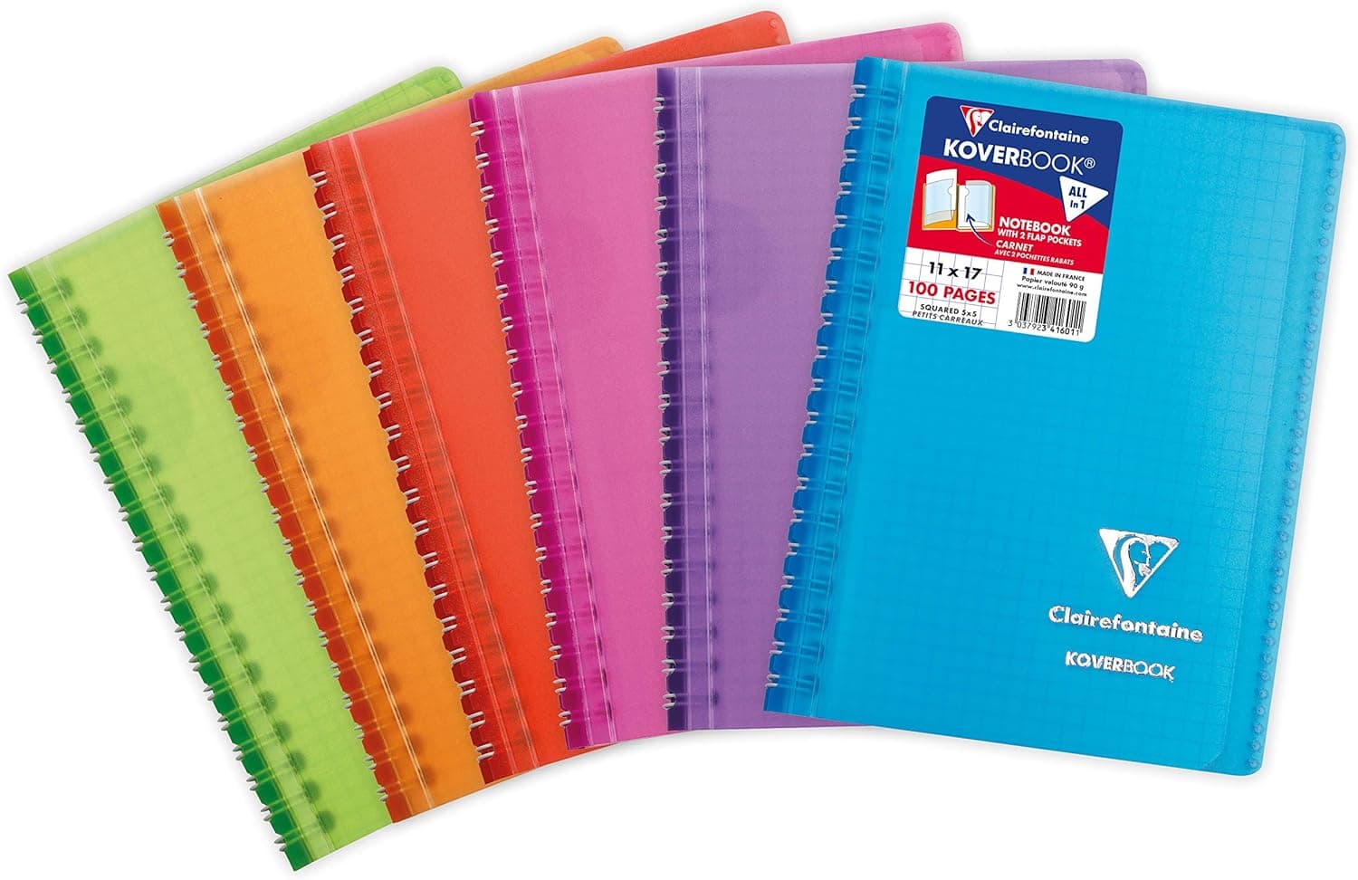 lairefontaine 341601C - Um caderno espiral Koverbook 100 páginas, 11 x 17 cm, 90 g, quadrados pequenos, capa envolvente, polipro (plástico), cor aleatória