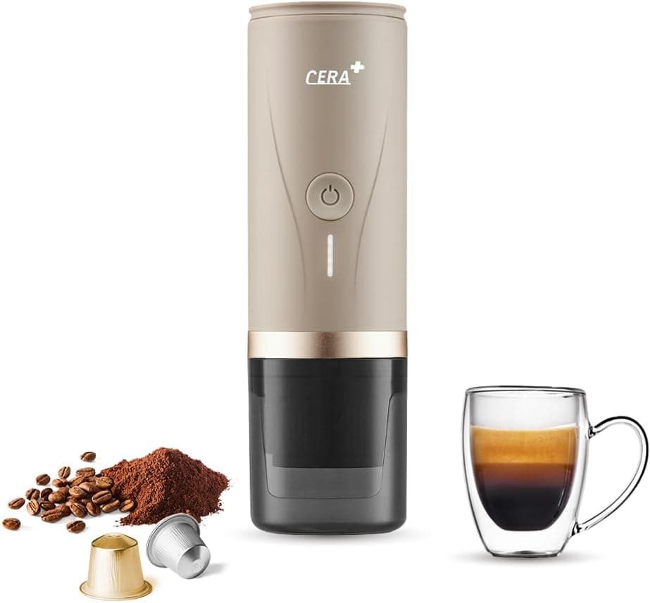 CERA+ Máquina de expresso elétrica portátil com autoaquecimento em 3-4 minutos, mini cafeteira de 20 bares com bateria recarregável. Compatível com cápsulas NS e café moído, creme