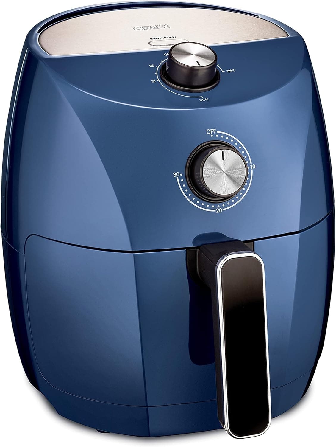 CRUX Fritadeira de ar de 3,5 l, pré-aquecimento mais rápido, sem óleo, frigideira antiaderente e bandeja para elementos crocantes adequados para máquina de lavar louça, aço inoxidável/azul