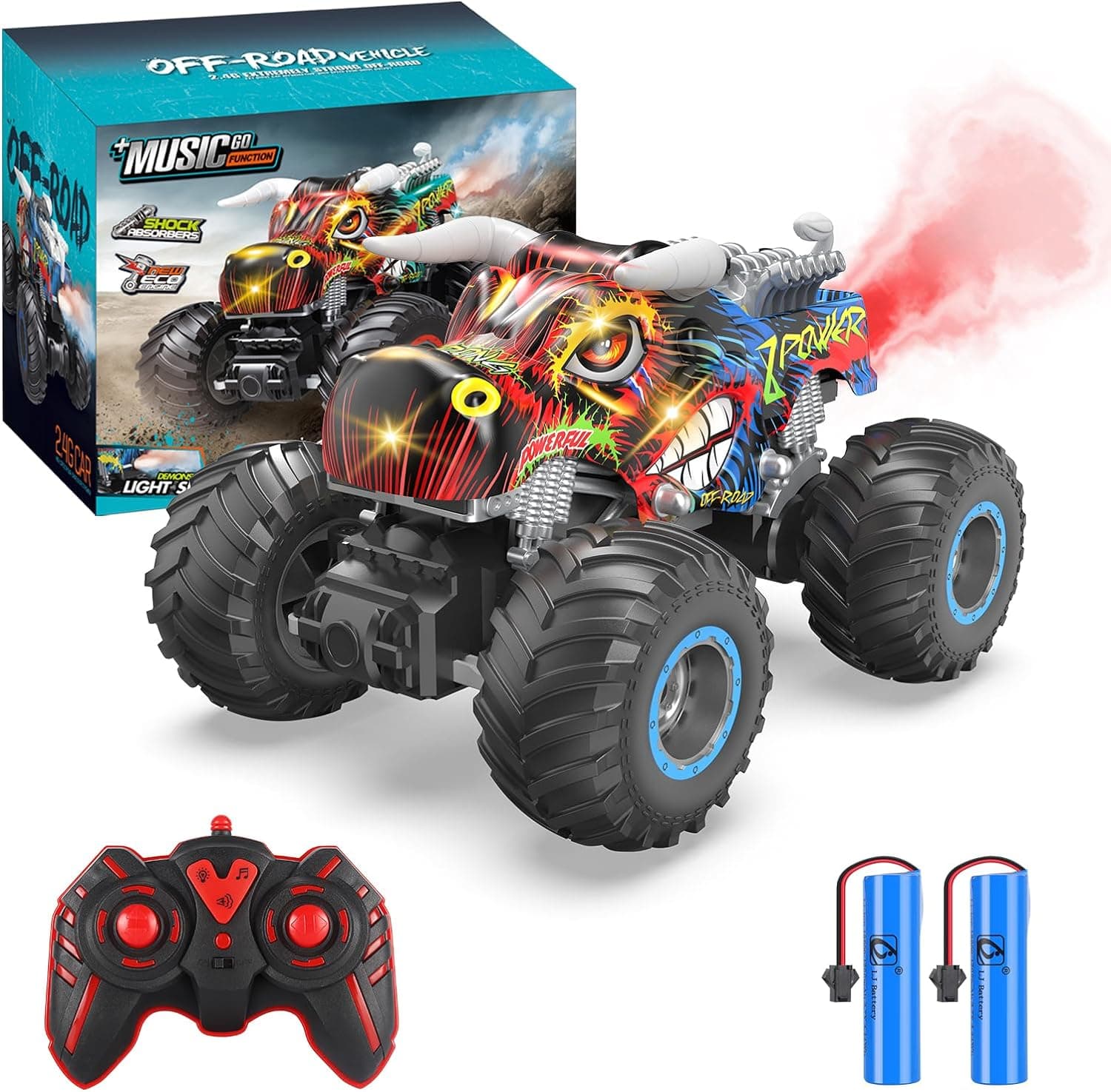 iBlivers Carro remoto, 2,4 GHz todo o terreno comando à distância, RC Monster Truck de brinquedo, spray música automóvel para crianças 8+