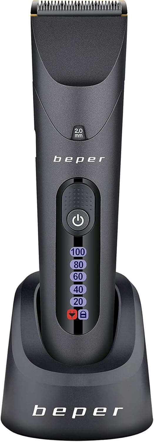 BEPER 40,743 Cortador de cabelo recarregável, lâminas fixas de aço, Plug And Play, digital, Display LED, 32 configurações de comprimento, 6 pentes reguladores, preto