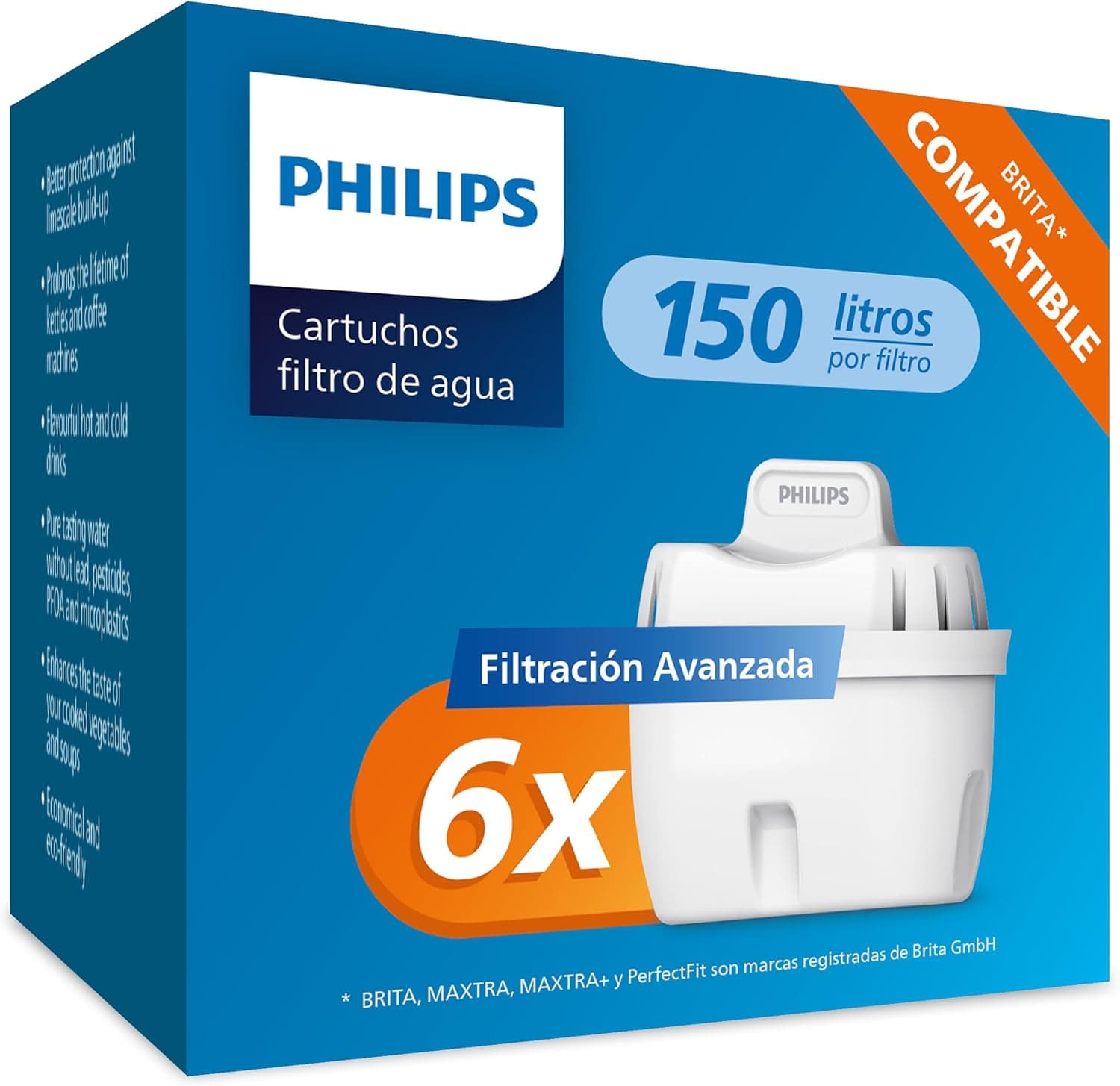 Philips Advanced Filtration | Pack de 6 cartuchos de filtro de água compatíveis com Brita e redução de microplásticos, cloro, calcário e metais pesados
