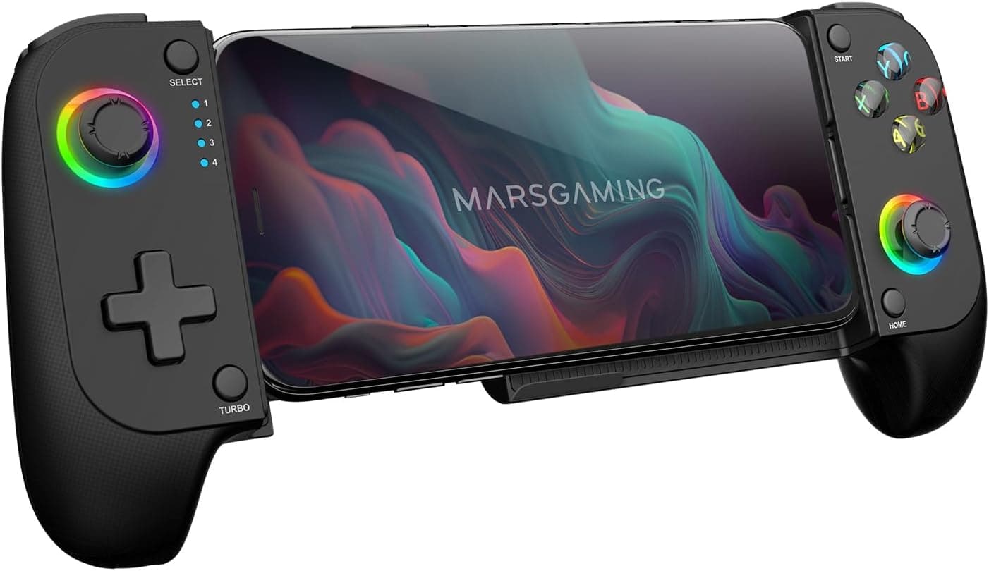 Mars Gaming MGPX, Gamepad Bluetooth 5.0 2 em 1, RGB Neon, vibração dupla e função turbo, suporte para smartphone até 6,8", controlo multifuncional compatível PC, Android, iOS e consolas, USB-C e capa