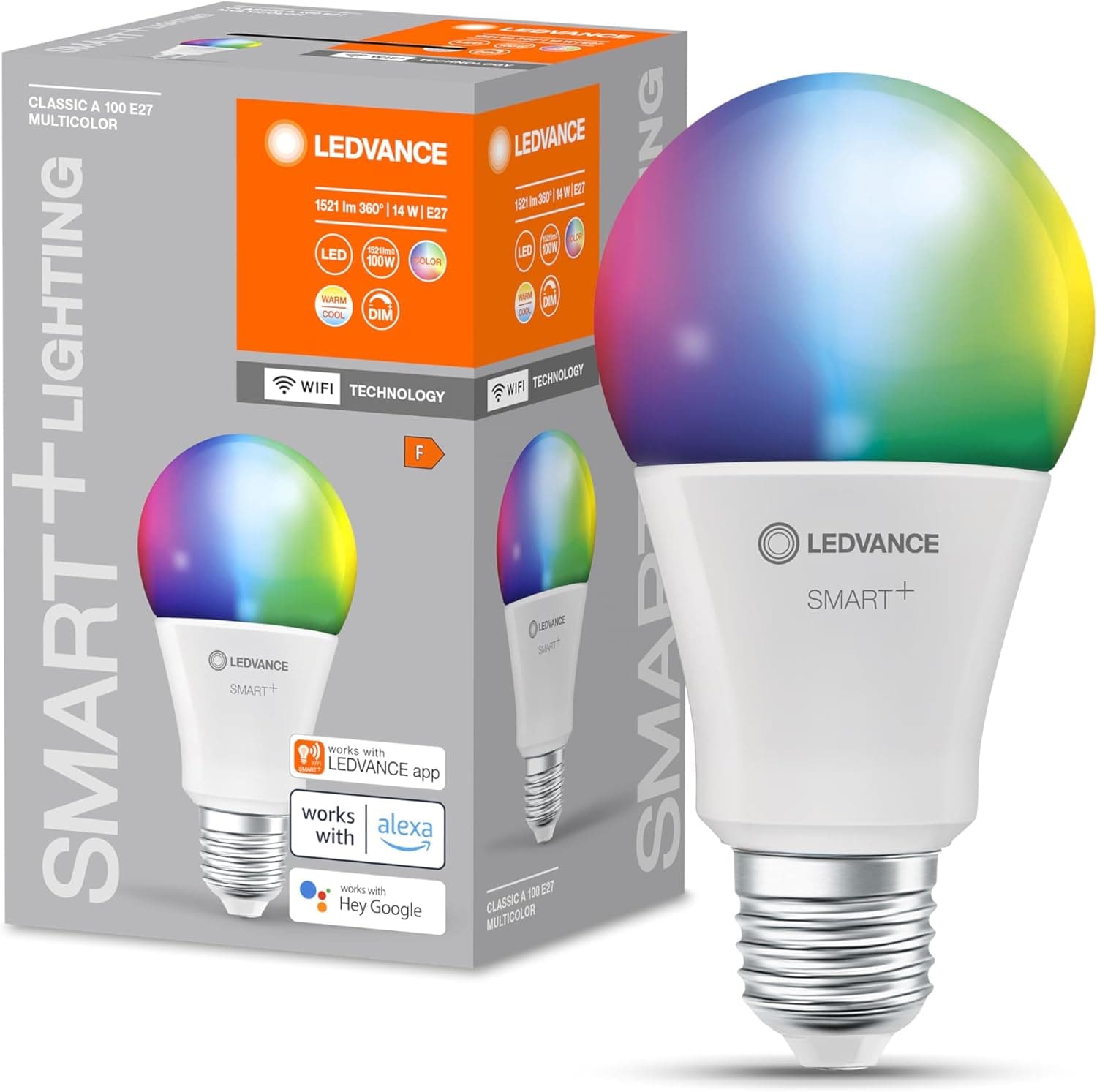 LEDVANCE | Lâmpada LED inteligente com tecnologia WiFi, casquilho E27, luz suave, luz suave (2700-6500K), luz RGB suave, substitui as lâmpadas com 100 W, SMART+ WiFi Classic Multicolor