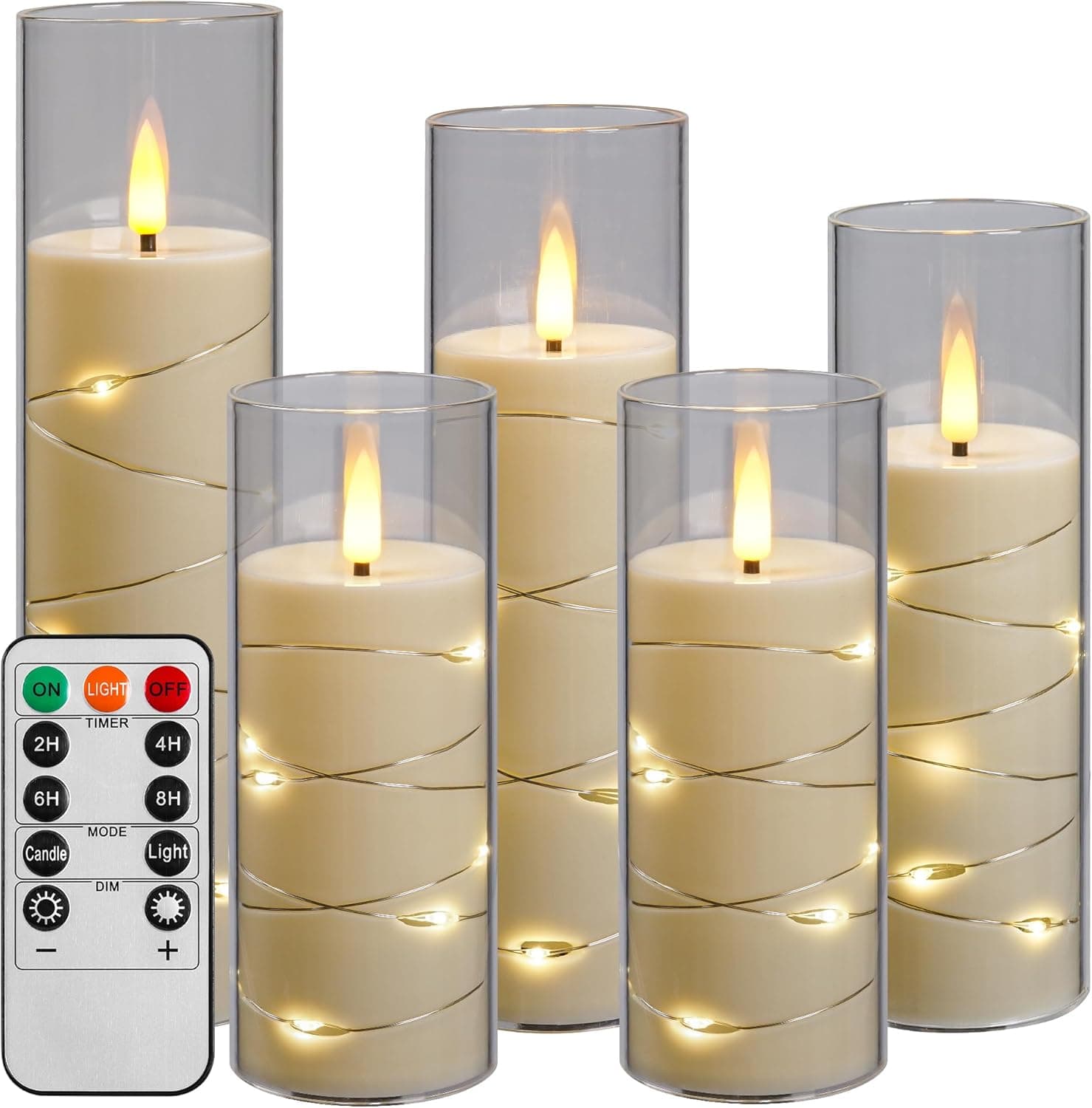 Da by Vela LED com grinalda de luzes, vela a pilhas com controlo remoto e temporizador de 24 horas, vela sem chama para decoração de interiores (branco marfim, conjunto de 5)
