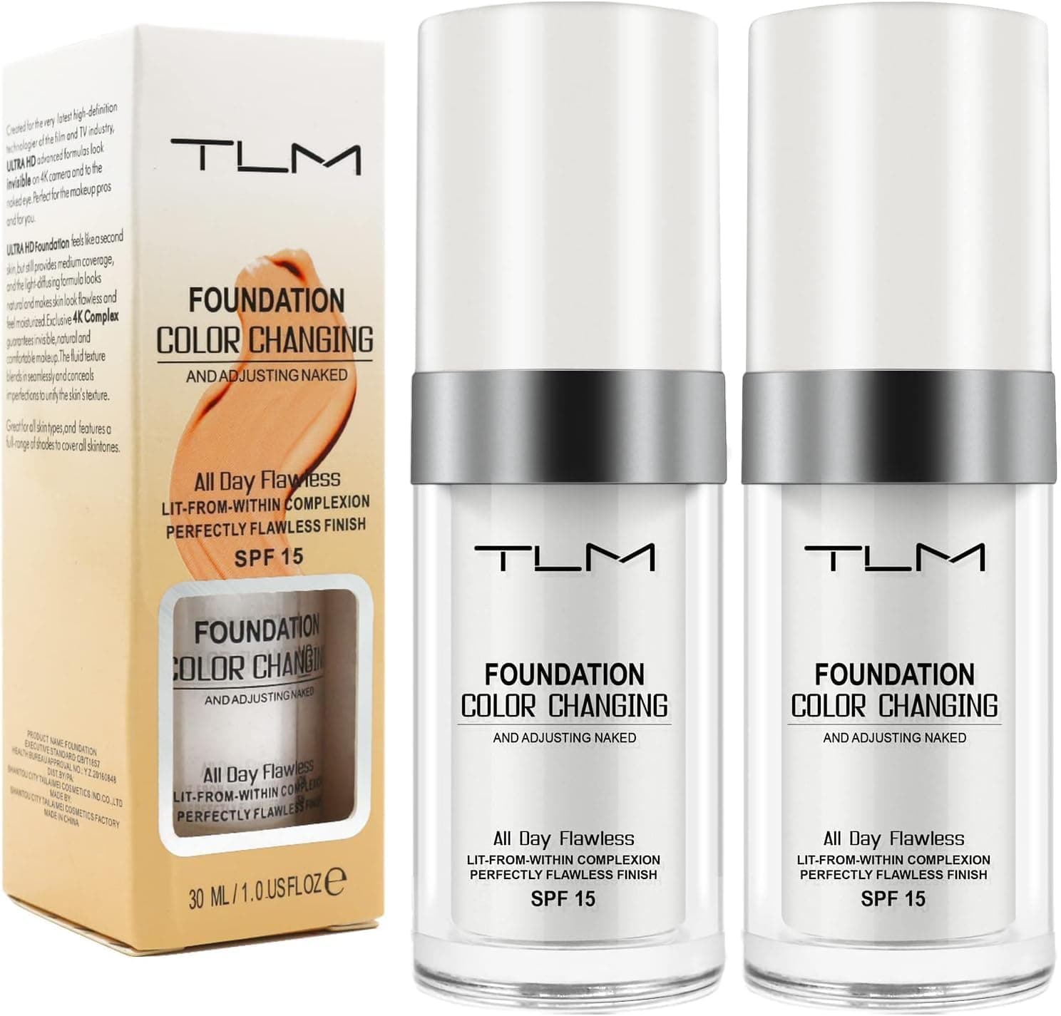 Base de maquilhagem que muda de cor para peles envelhecidas 30 ml 2 PACK, base de maquilhagem que muda de cor para peles maduras, protetor solar, corretor nuvem para todos os tipos de pele, SPF15