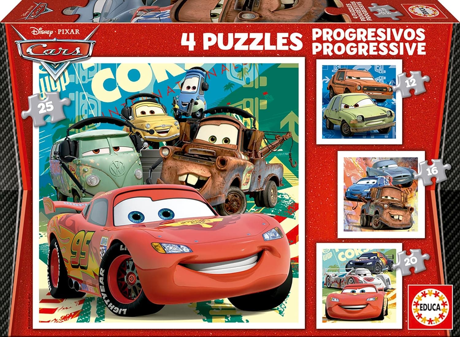 Educa - Conjunto de 4 puzzles infantis progressivos de 12 a 25 peças | Cars 2 | Composto por grandes peças perfeitamente acabadas. 3-4 5 Anos (14942)