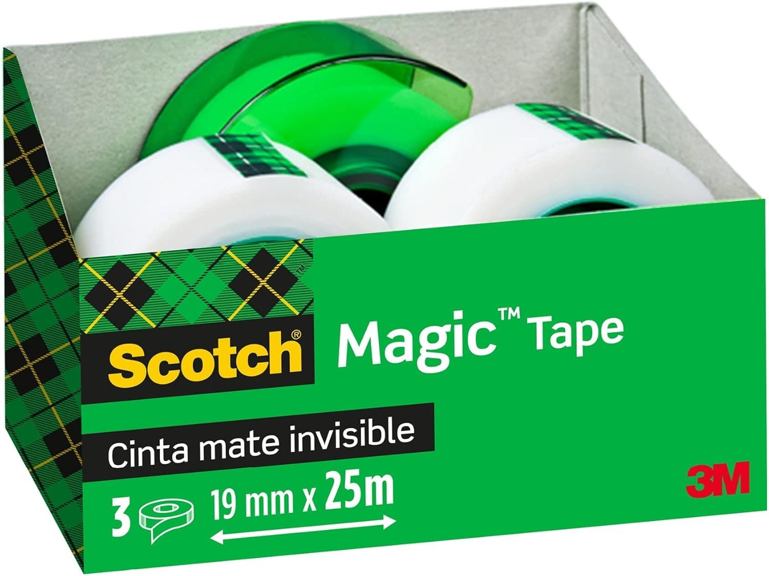 Scotch Magic fita adesiva invisível, 3 rolos de 19 mm x 25 m + 1 dispensador portátil gratuito - fita adesiva de uso geral para reparação, etiquetagem e vedação de embalagens e documentos