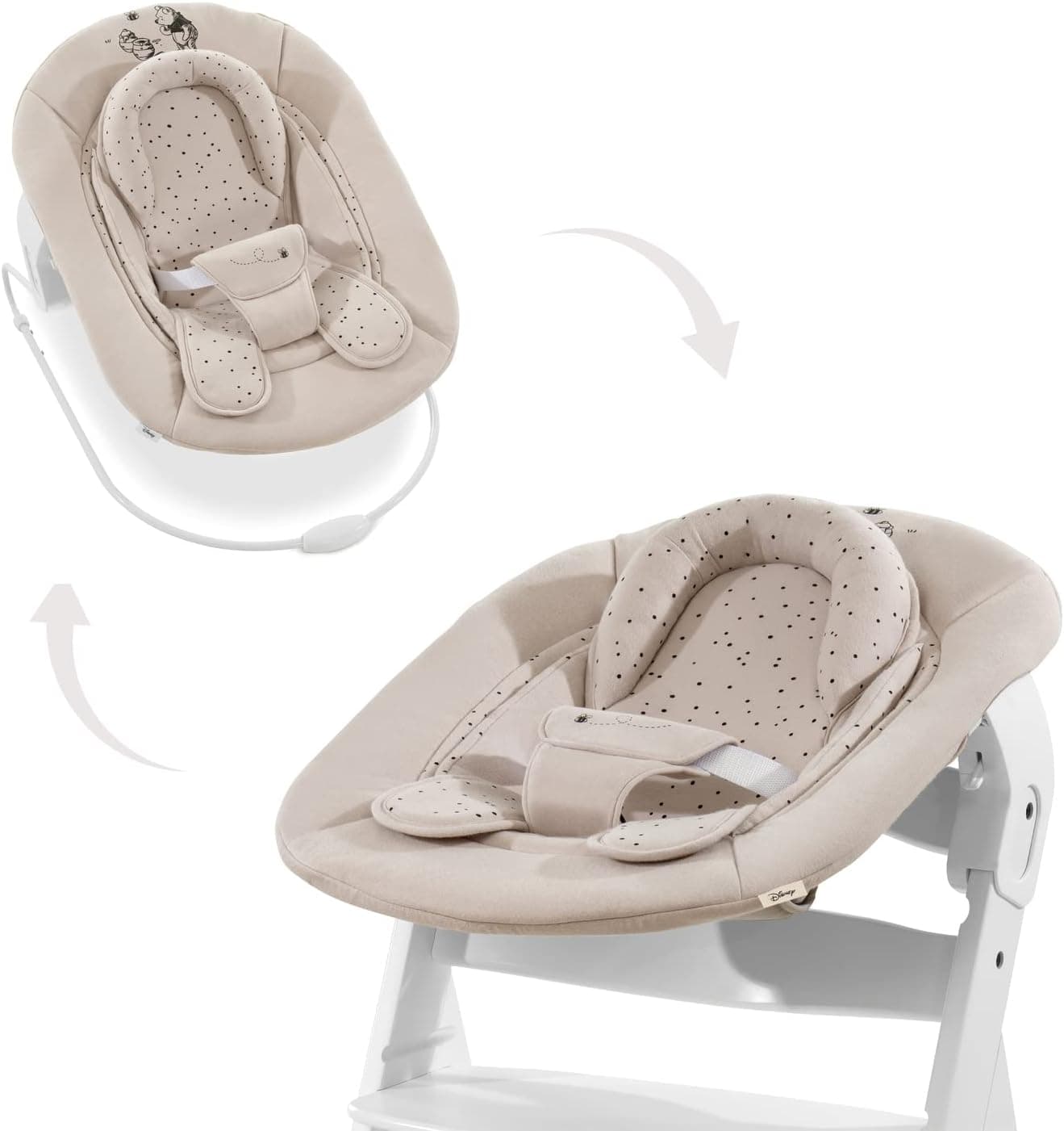 hauck Alpha 2 em 1 Rede para bebés, compatível com cadeiras hauck Alpha Plus e Beta Plus, rede para bebés desde o nascimento até 9 kg, com redutor de assento, função de equilíbrio, pooh, bege
