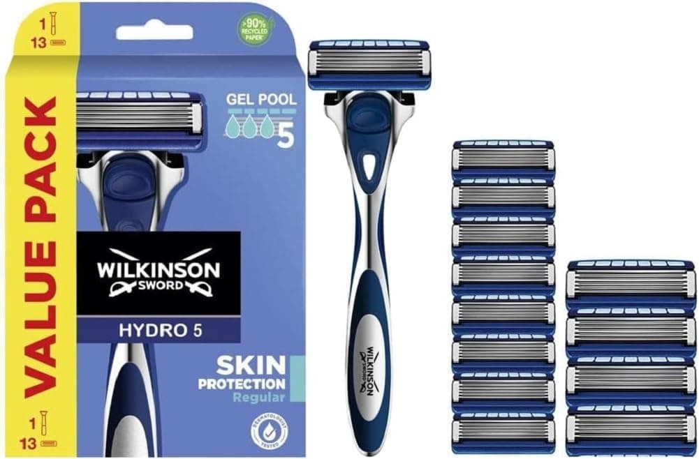 Wilkinson Sword Hydro 5 Skin Protection Regular - Máquina de barbear de 5 folhas com 13 peças com banda lubrificante enriquecida com vitamina Pro B5