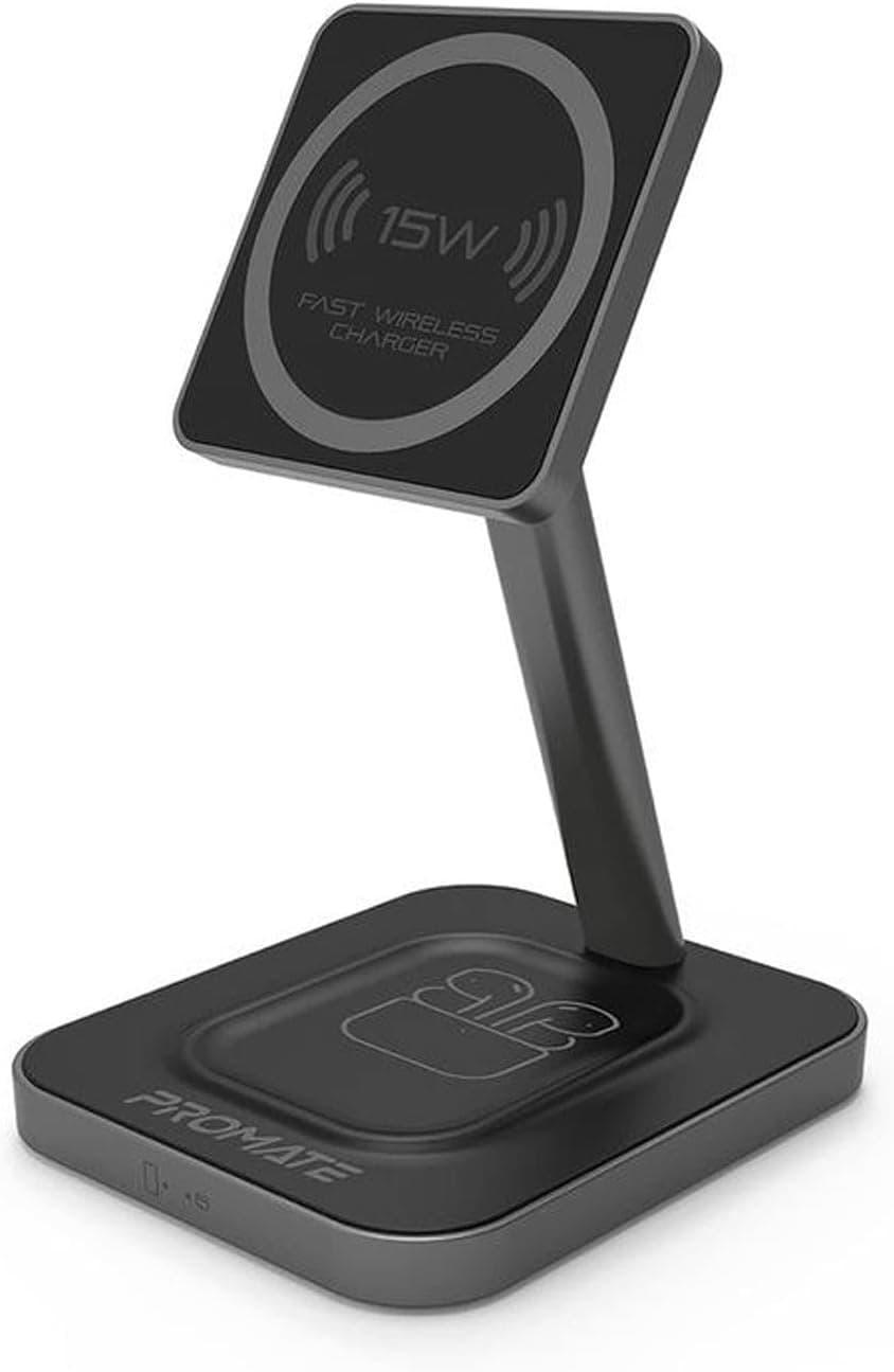 Promate Magnetic Wireless Charger for iPhone 12, 2 em 1 mag-Safe 15 W Fast Wireless Charger with ajustável Neck and Anti-Slip 5 W Charging Pad for iPhone 12/12 Pro Max/AirPods Pro, AurBase-15 W